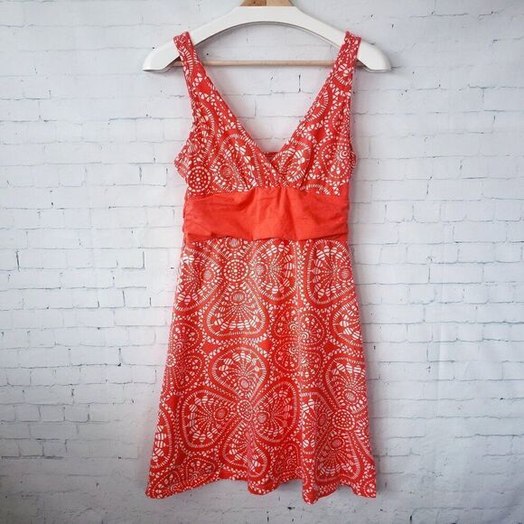 Patagonia Margot Dress Size S Orange White Print V-Neck Stretch Outdoor Summer - Picture 1 of 6